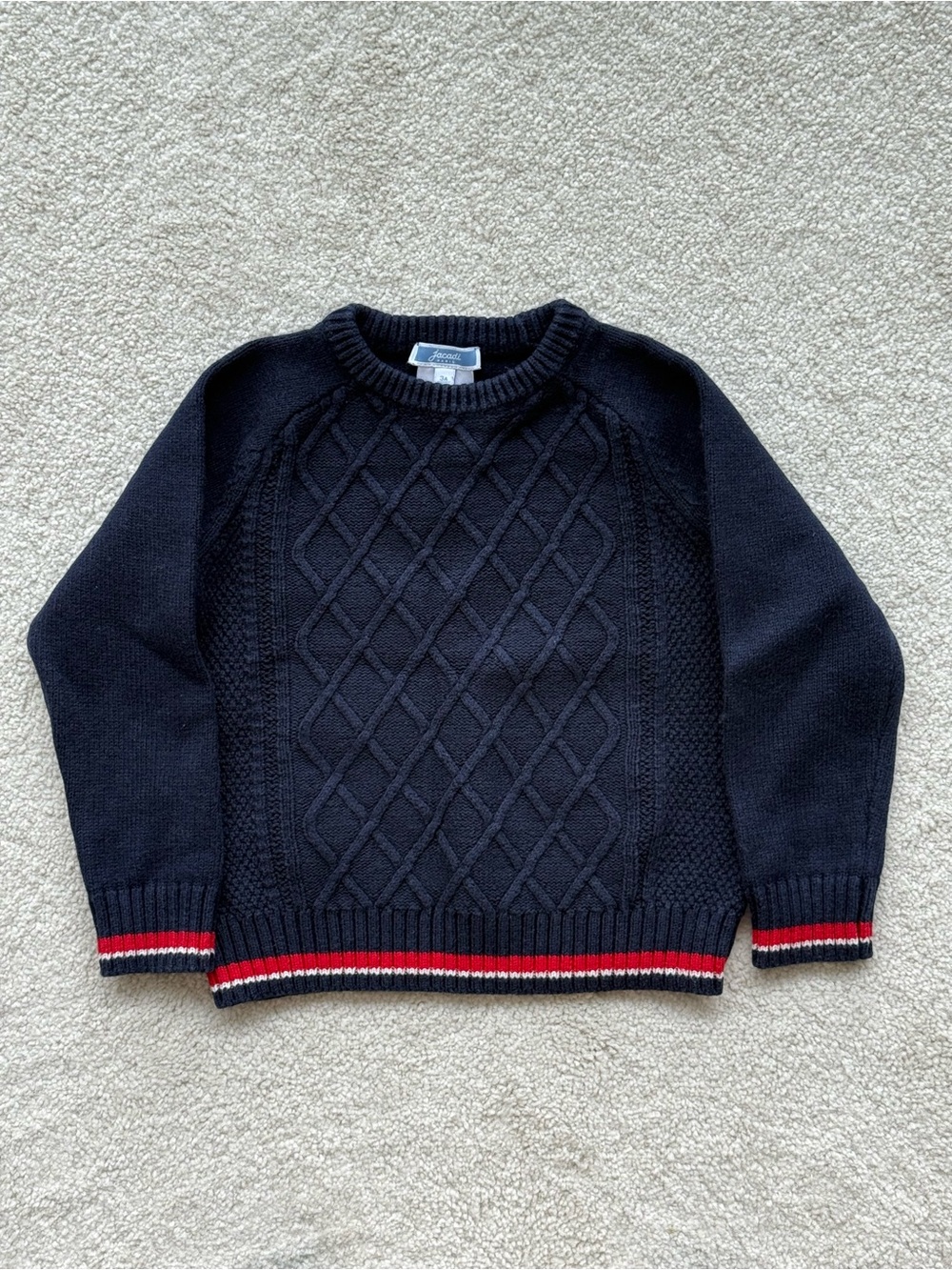 Jacadi Navy Cable-Knit Crewneck Sweater with Red & White Stripes